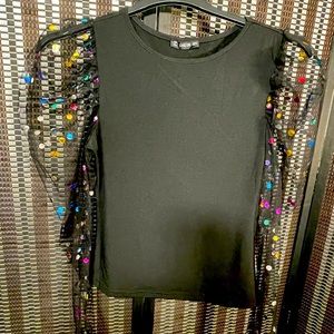 Black dressy arms top! Sheer arms with polka dots